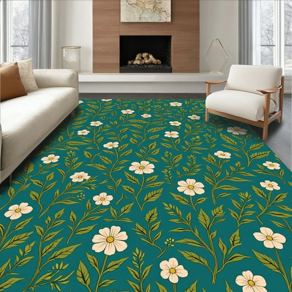 ODIKA 6' Machine Washable Non-Slip Area Rug, Artisan Wildflower Lattice with Interwoven Fern and Leaf Motifs High Traffic Rug, Teal, 297239