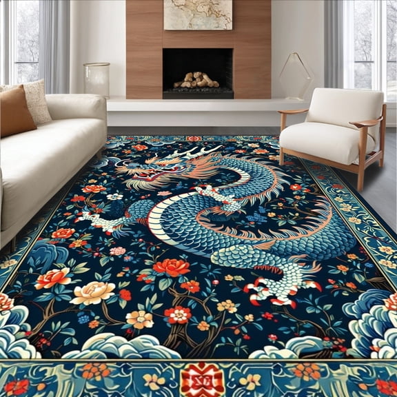 ODIKA 2'x3' Machine Washable Non-Slip Area Rug, Artistic Abstract Dragon Motif with Diminutive Floral High Traffic Rug, Blue, 171856