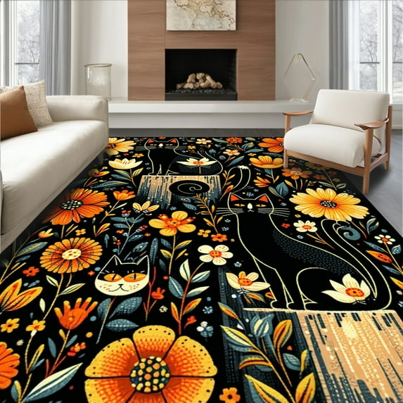 ODIKA 8'x10' Machine Washable Non-Slip Area Rug, Artistic Black Cat Blossom Design High Traffic Rug, Black, 27815