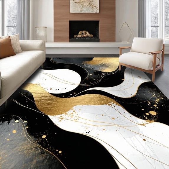 ODIKA 2'x3' Machine Washable Non-Slip Area Rug, Artistic Black Gold Abstract Fluid Motion High Traffic Rug, Black, 109020