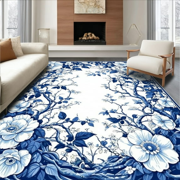 ODIKA 8'x10' Machine Washable Non-Slip Area Rug, Artistic Botanical Wreath with Circular Floral Arrangements and Vines High Traffic Rug, Blue, 146995