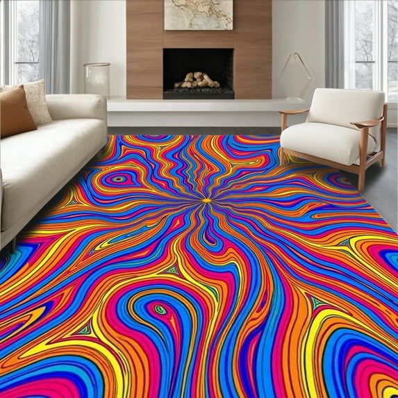 Flatwoven High Traffic Area Rug, Artistic Color Burst with Abstract Spiral and Twirl, Non Slip, Stain Resistant, Washable Area Rugs for Living Room, Bedroom(Pink, 6)