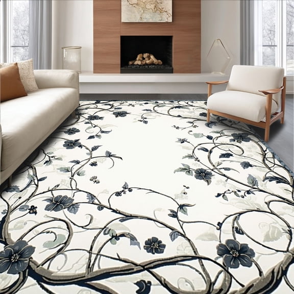 ODIKA 2'x3' Machine Washable Non-Slip Area Rug, Artistic Flora Scroll for or Entry High Traffic Rug, White, 150270