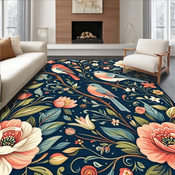 ODIKA 2'x3' Machine Washable Non-Slip Area Rug, Artistic Floral and Avian with Vintage Boho Inspired Swirls High Traffic Rug, Navy, 232834