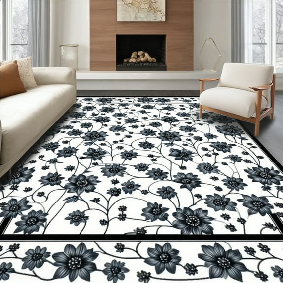 Flatwoven High Traffic Area Rug, Artistic Floral Display with Bold Black and White Elements, Non Slip, Stain Resistant, Washable Area Rugs for Living Room, Bedroom(Gray, 2X3)