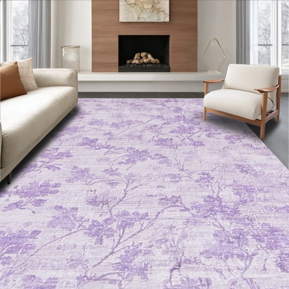 ODIKA 4'x6' Machine Washable Non-Slip Area Rug, Artistic Floral Inspired Lavender With Water Absorbing Innovative Design High Traffic Rug, Purple, 40024