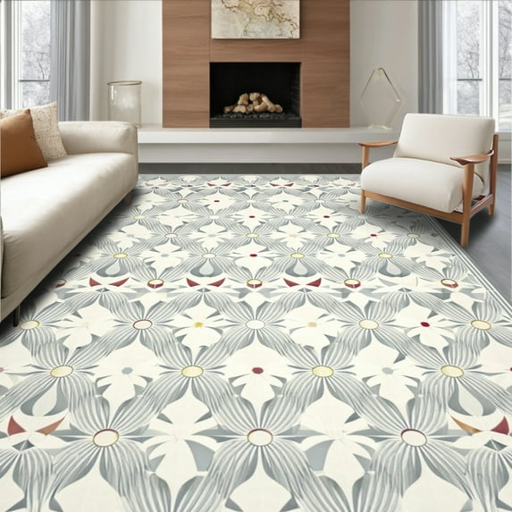 ODIKA 4'x6' Machine Washable Non-Slip Area Rug, Artistic Geometric with Abstract Flower Bursts and Elegant Symmetry High Traffic Rug, Beige, 58444