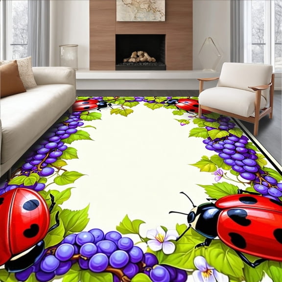 Flatwoven High Traffic Area Rug, Artistic Ladybug Wreath in Vivid Colors and Playful Designs, Non Slip, Stain Resistant, Washable Area Rugs for Living Room, Bedroom(Red, 2X3)