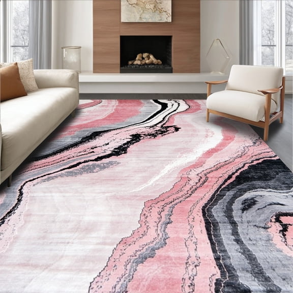 ODIKA 4'x6' Machine Washable Non-Slip Area Rug, Artistic Marble Inspired Decorative High Traffic Rug, Pink, 36369