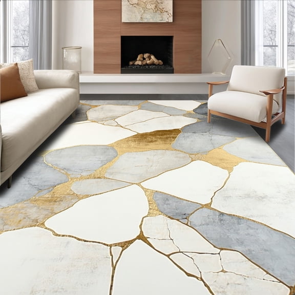 ODIKA 4'x6' Machine Washable Non-Slip Area Rug, Artistic Mineral Vein Mosaic with Fragmented Geometric Overlay and Gentle Gradients High Traffic Rug, Gray, 135638