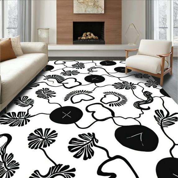 ODIKA 8' Machine Washable Non-Slip Area Rug, Artistic Monochrome with Freeform Spotted and Fluid Motifs High Traffic Rug, Black, 308572