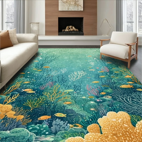 Flatwoven High Traffic Area Rug, Artistic Octopus and Coral Reef Area for Coastal Decor Lovers, Non Slip, Stain Resistant, Washable Area Rugs for Living Room, Bedroom(Blue, 4X6)