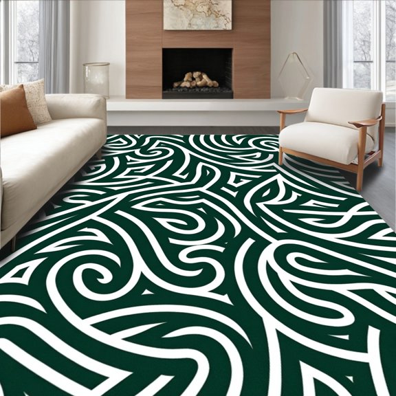 Flatwoven High Traffic Area Rug, Artistic Swirl Motif Interlocking Design With Flow, Non Slip, Stain Resistant, Washable Area Rugs for Living Room, Bedroom(Green, 2X3)