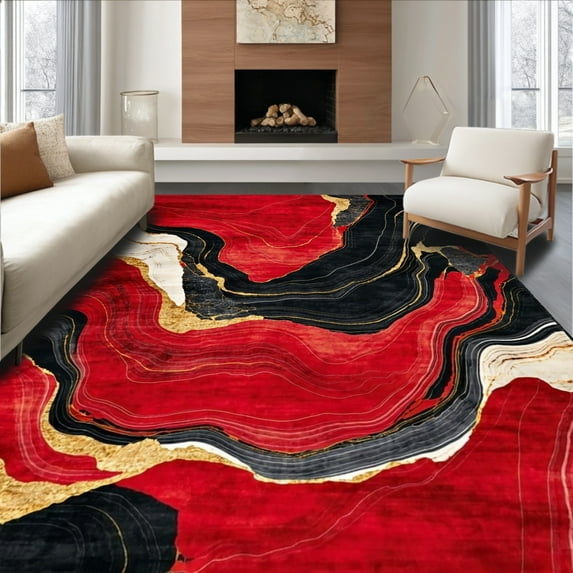 ODIKA 6'x9' Machine Washable Non-Slip Area Rug, Artistic Swirling and Black Marble with Unique High Traffic Rug, Red, 125521