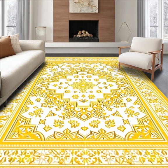 Flatwoven High Traffic Area Rug, Artistic Tiled Floral Motif, Non Slip, Stain Resistant, Washable Area Rugs for Living Room, Bedroom(Yellow, 4X6)