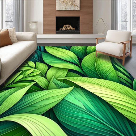 Flatwoven High Traffic Area Rug, Artistic Tropical Leaf Arrangement with Vibrant Green and Fluid Lines, Non Slip, Stain Resistant, Washable Area Rugs for Living Room, Bedroom(Green, 2X3)