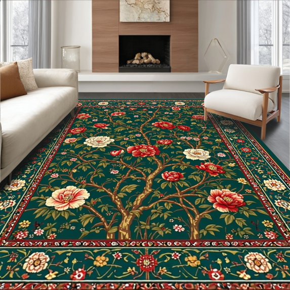 Flatwoven High Traffic Area Rug, Artistic Vintage Green Floral Composition, Non Slip, Stain Resistant, Washable Area Rugs for Living Room, Bedroom(Green, 8X10)