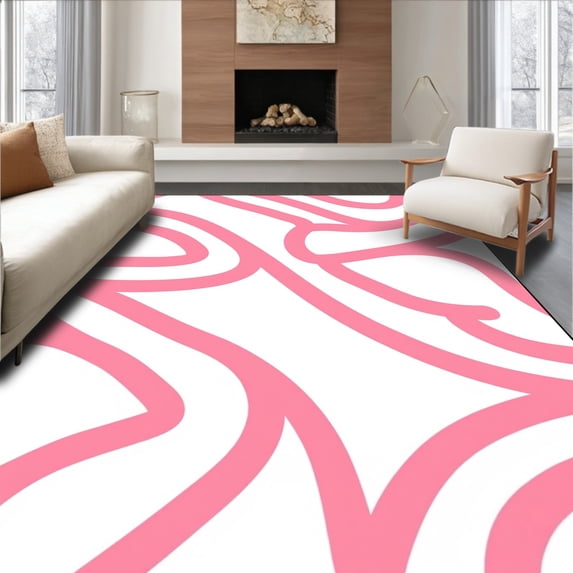 ODIKA 4'x6' Machine Washable Non-Slip Area Rug, Artistic Wavy Lines Abstract High Traffic Rug, Pink, 393237