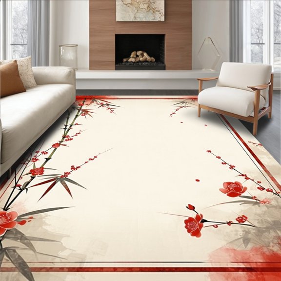 Flatwoven High Traffic Area Rug, Asiatic Floral Block Area, Non Slip, Stain Resistant, Washable Area Rugs for Living Room, Bedroom(Red, 2X3)