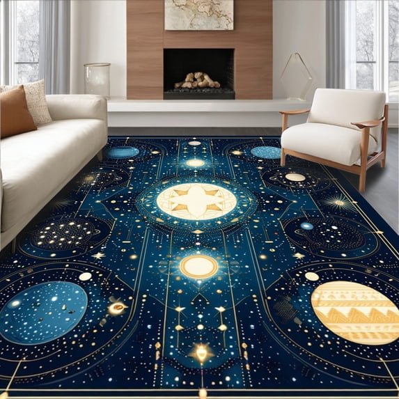 ODIKA 6'x9' Machine Washable Non-Slip Area Rug, Astrological Themed with Mystical and Celestial Symbols High Traffic Rug, Blue, 196856