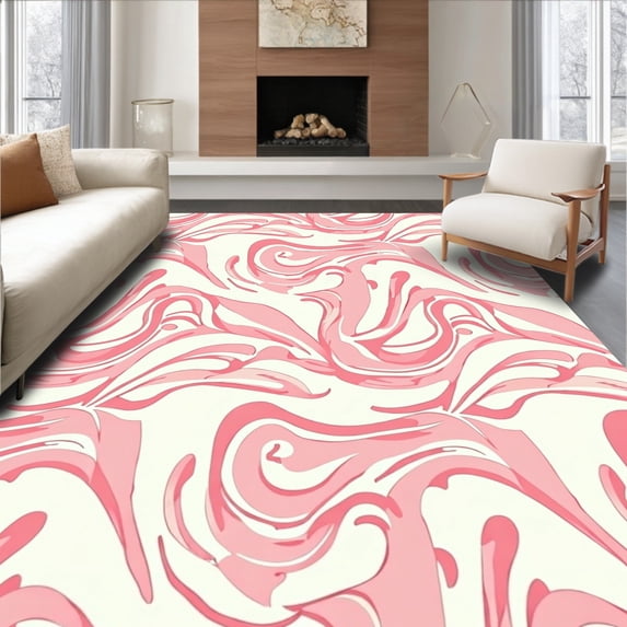 ODIKA 4'x6' Machine Washable Non-Slip Area Rug, Asymmetrical Wave in Hues High Traffic Rug, Pink, 393241