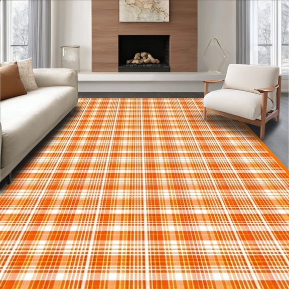 ODIKA 4'x6' Machine Washable Non-Slip Area Rug, Autumn Harvest Plaid Fall Doormat High Traffic Rug, Orange, 99411