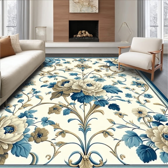 Flatwoven High Traffic Area Rug, Azure Bloom Floral Vintage Chic, Non Slip, Stain Resistant, Washable Area Rugs for Living Room, Bedroom(Blue, 3X5)