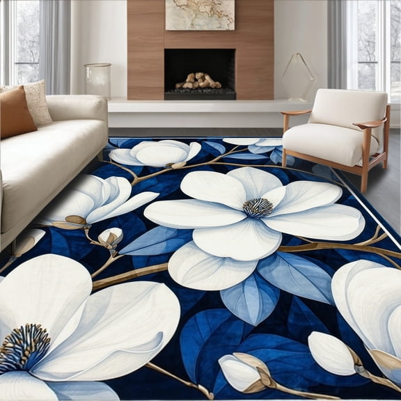 ODIKA 4'x6' Machine Washable Non-Slip Area Rug, Azure Geometric Motif High Traffic Rug, White, 199778