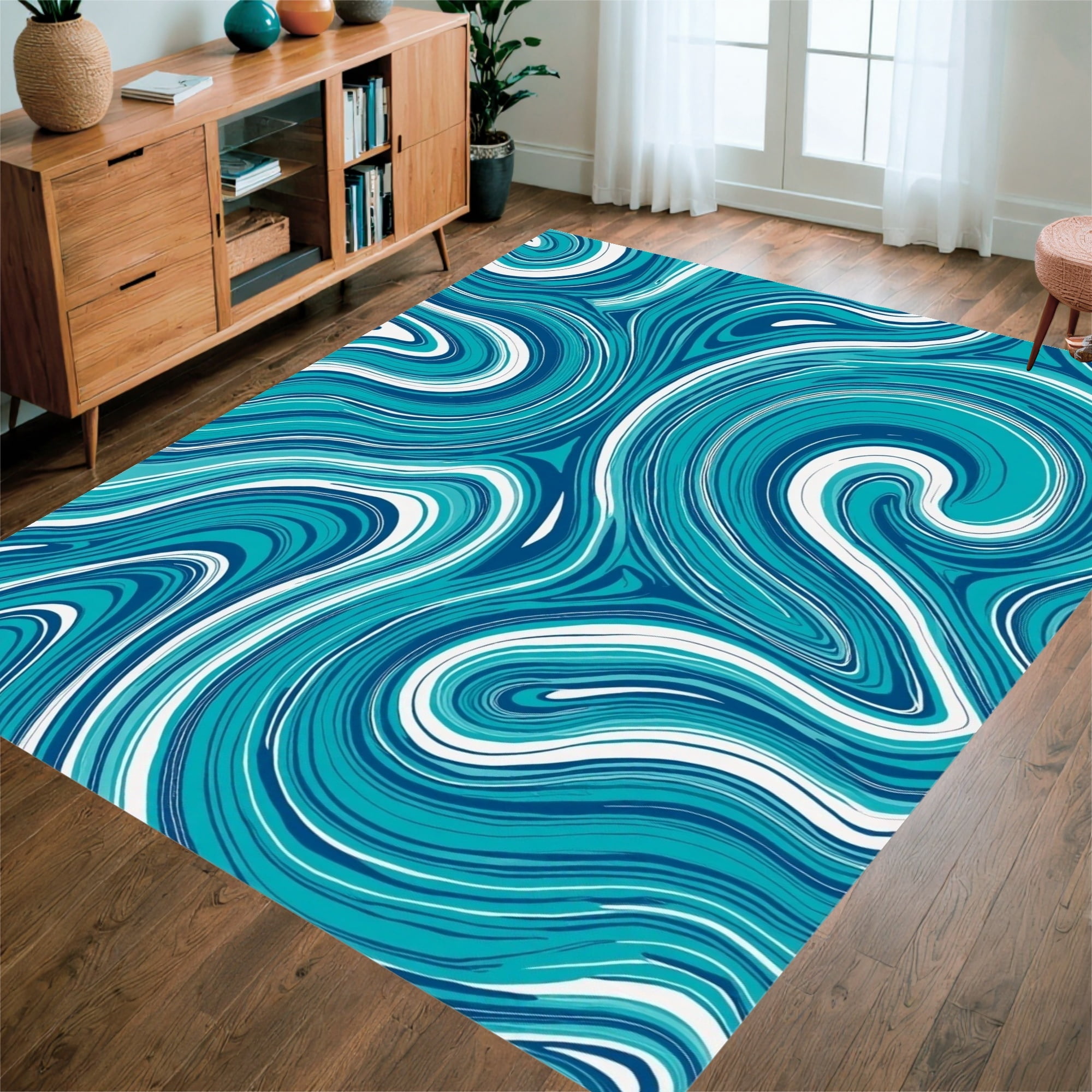 ODIKA 8' Machine Washable NonSlip Area Rug, Azure Lagoon Wave Design