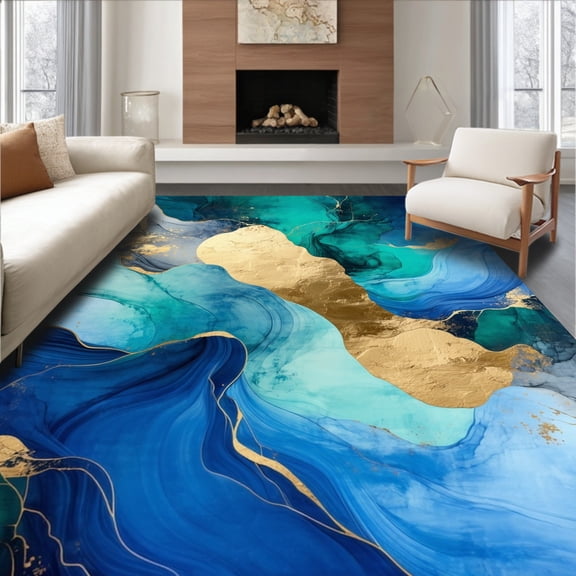 ODIKA 2'x3' Machine Washable Non-Slip Area Rug, Azure Swirl Abstract Gilded Accents High Traffic Rug, Blue, 262975