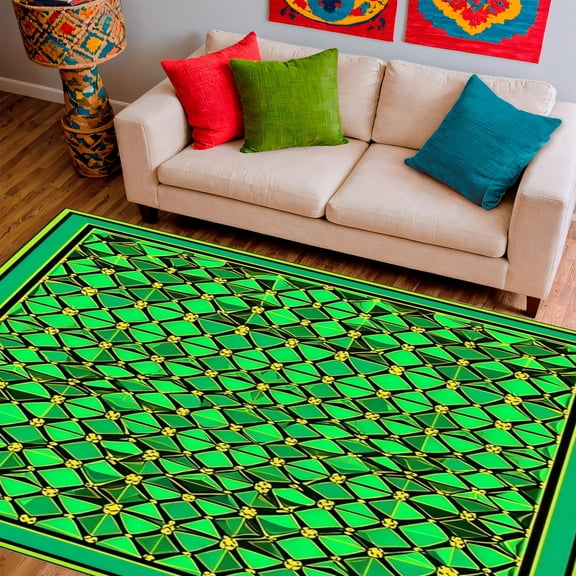 Flatwoven High Traffic Area Rug, Barn Net Groovy Cone Shield Geometry with Three Sided Sorceress, Non Slip, Stain Resistant, Washable Area Rugs for Living Room, Bedroom(Green, 2X3)