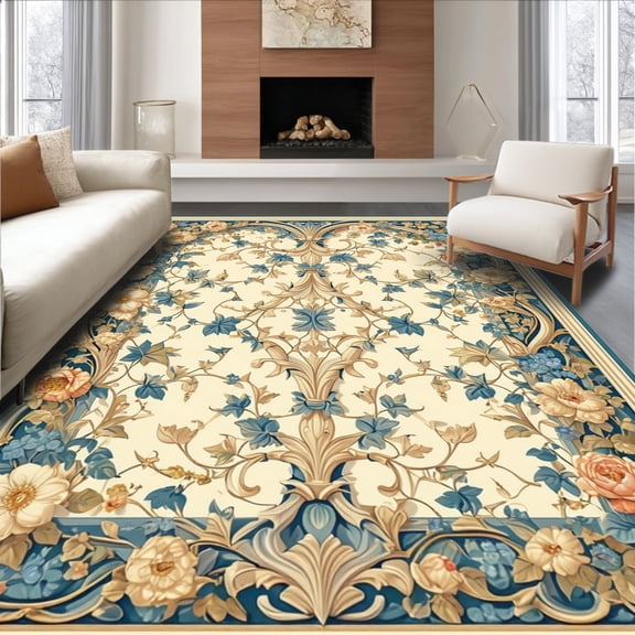 ODIKA 4'x6' Machine Washable Non-Slip Area Rug, Baroque Floral Vine with Intertwined Botanical Detailing High Traffic Rug, Ivory, 157084