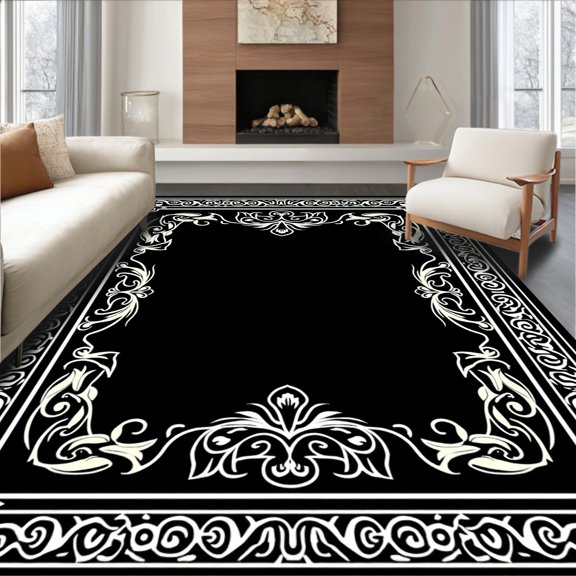 Flatwoven High Traffic Area Rug, Baroque Rococo Paisley Motifs with Delicate Scroll Accents, Non Slip, Stain Resistant, Washable Area Rugs for Living Room, Bedroom(Black, 4X6)