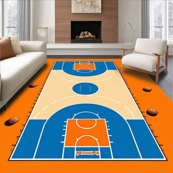 ODIKA 4'x6' Machine Washable Non-Slip Area Rug, Basketball Sports Theme for Boys Bathroom High Traffic Rug, Orange, 82992