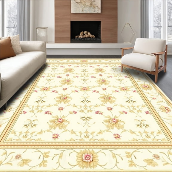 Flatwoven High Traffic Area Rug, Beige Oval with Subtle Ivory Scrollwork and Floral Details, Non Slip, Stain Resistant, Washable Area Rugs for Living Room, Bedroom(Beige, 2X3)