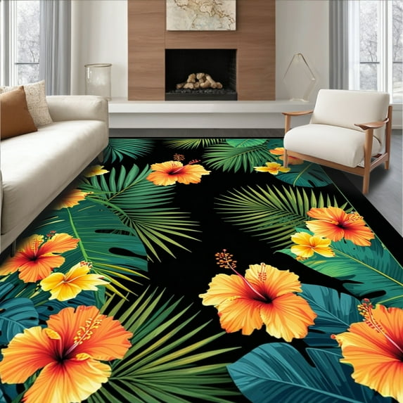 Flatwoven High Traffic Area Rug, Black Boho Tropical, Non Slip, Stain Resistant, Washable Area Rugs for Living Room, Bedroom(Green, 4X6)