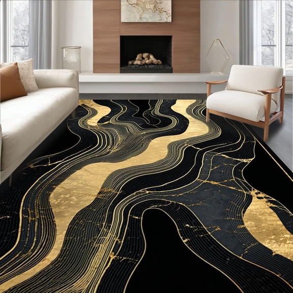 ODIKA 8'x10' Machine Washable Non-Slip Area Rug, Black Gold Abstract Stone Vein Entry High Traffic Rug, Black, 83171