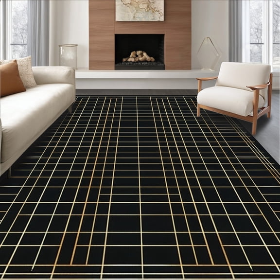 ODIKA 5'x7' Machine Washable Non-Slip Area Rug, Black Gold Luxe Geometric High Traffic Rug, Black, 84802