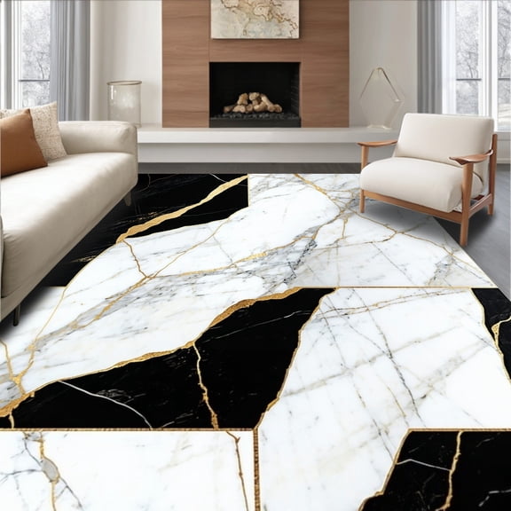 ODIKA 8'x10' Machine Washable Non-Slip Area Rug, Gold Marble Glory Modern Abstract Black High Traffic Rug, Black, 84049