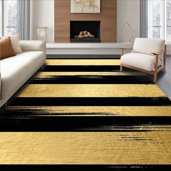 ODIKA 3'x5' Machine Washable Non-Slip Area Rug, Black Gold Stripe Contemporary High Traffic Rug, Gold, 87352