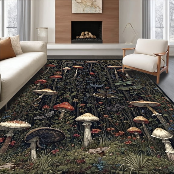 ODIKA 4'x6' Machine Washable Non-Slip Area Rug, Black Moth Mushroom Insect Forest Floor High Traffic Rug, Black, 84134