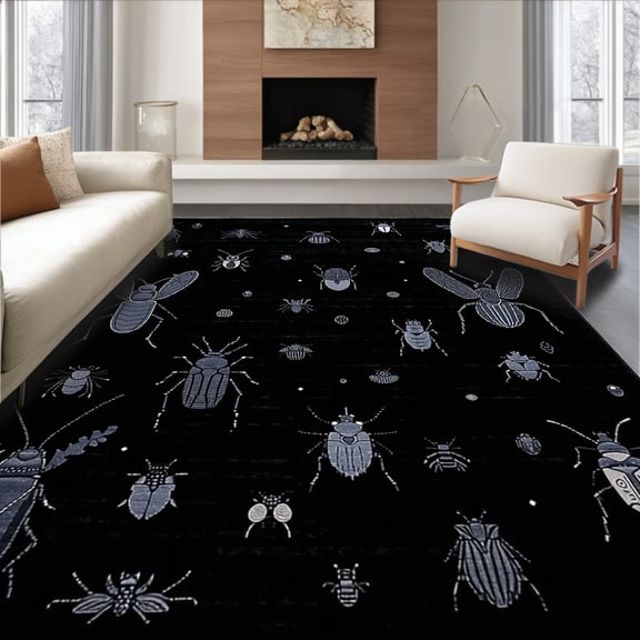 ODIKA 8'x10' Machine Washable Non-Slip Area Rug, Black with Subtle Bug Design and Feature High Traffic Rug, Black, 83010