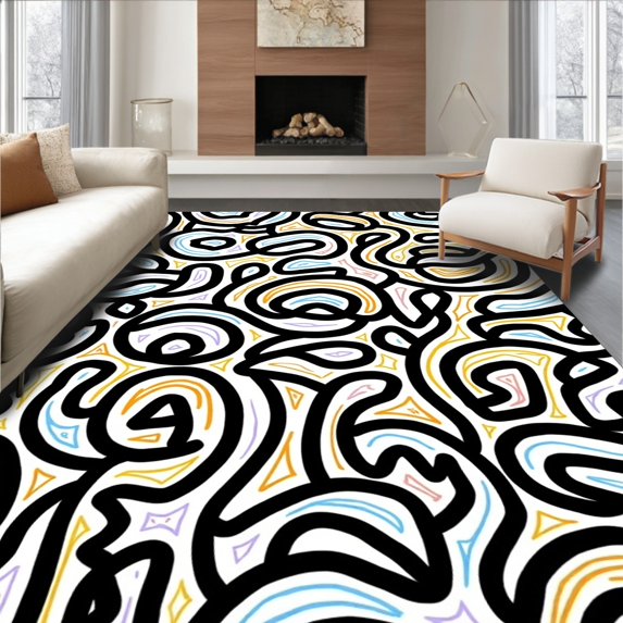 ODIKA 6'x9' Machine Washable Non-Slip Area Rug, Black and Abstract Art High Traffic Rug, Black, 304429