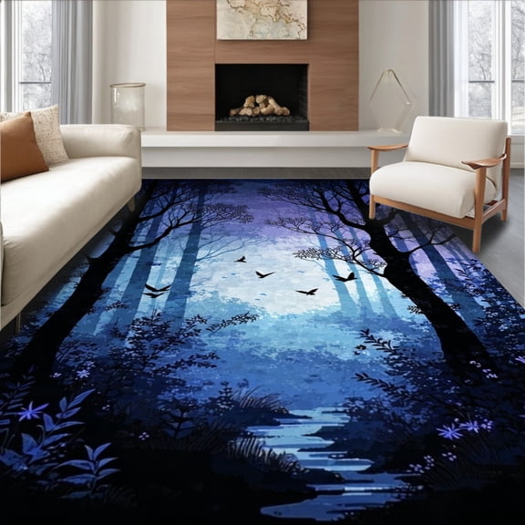 ODIKA 8'x10' Machine Washable Non-Slip Area Rug, Blackthorn Forest Critters Dark Woods Design High Traffic Rug, Blue, 59549