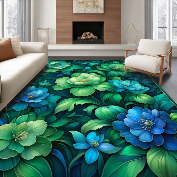 ODIKA 8'x10' Machine Washable Non-Slip Area Rug, Bloom Cascade Floral Burst Design Botanical Lushness Art High Traffic Rug, Green, 197132
