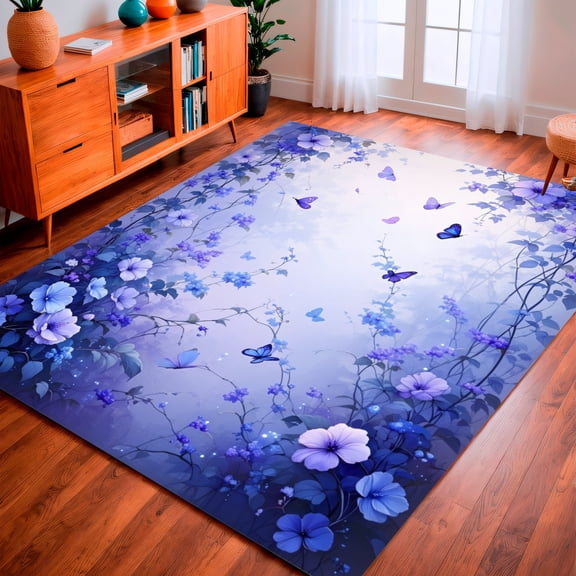 ODIKA 8'x10' Machine Washable Non-Slip Area Rug, Bloom Cascading Floral Waterfall Design High Traffic Rug, Purple, 165633