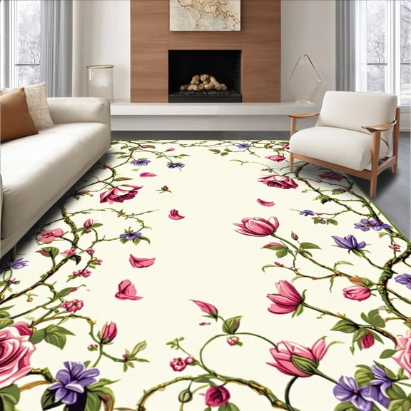 ODIKA 4'x6' Machine Washable Non-Slip Area Rug, Blooming Botanical Garden Petal Vine Decorative Surface High Traffic Rug, Pink, 184381
