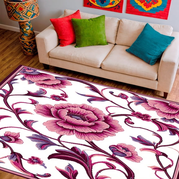 Flatwoven High Traffic Area Rug, Blooming Carnation Scroll with Layered Petal Motifs and Flourishing Vines, Non Slip, Stain Resistant, Washable Area Rugs for Living Room, Bedroom(Mauve, 6X9)