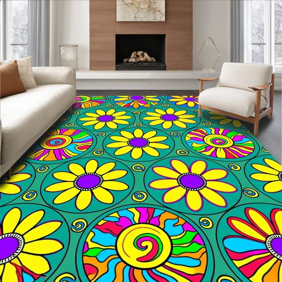 ODIKA 4'x6' Machine Washable Non-Slip Area Rug, Blooming Flower Power Retro Daisy Chain Groovy High Traffic Rug, Yellow, 499109