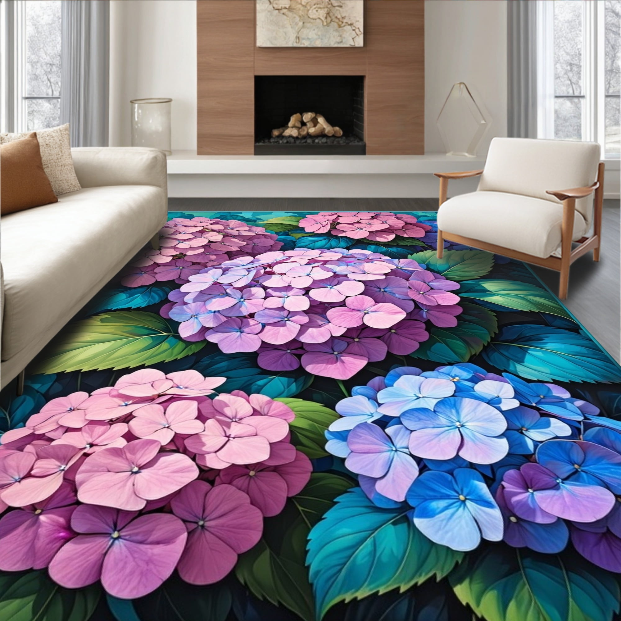 ODIKA 5'x7' Machine Washable Non-Slip Area Rug, Blooming Hydrangea ...